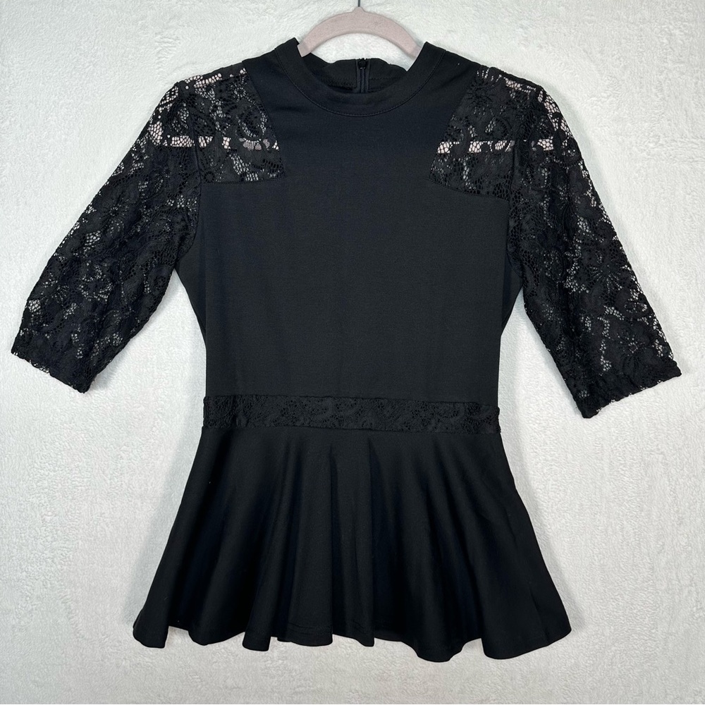 Missmny Black Lace Peplum Top Mock Neck Sheer Long Sleeve Floral Sz M Whimsical